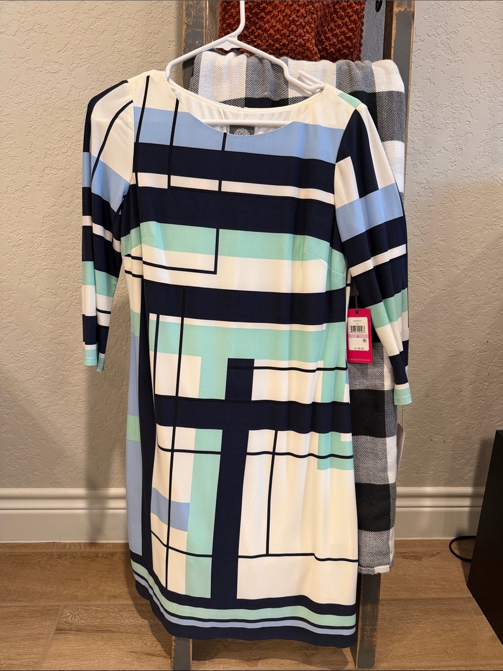 Vince Camuto Geometric Stripe Midi Dress in Navy, Light Blue & Mint